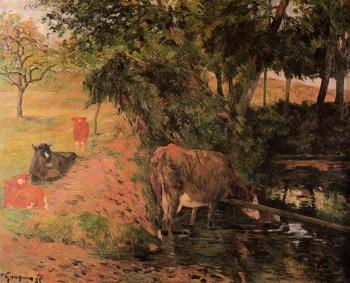 Paul Gauguin : Landscape with Cows in an Orchard